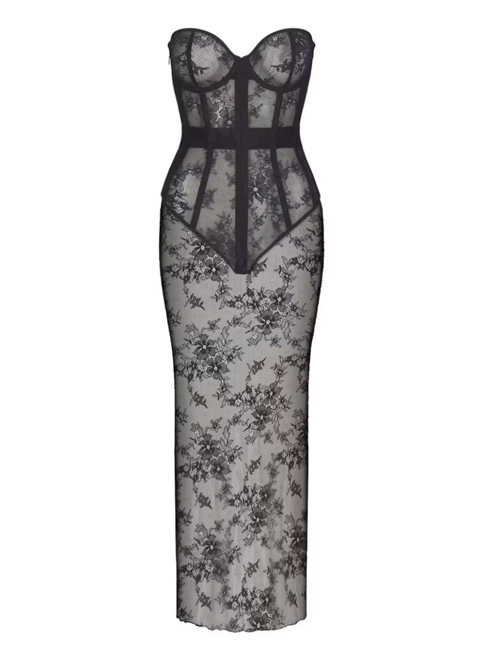 SKIMS Black Strapless Lace Maxi Dress